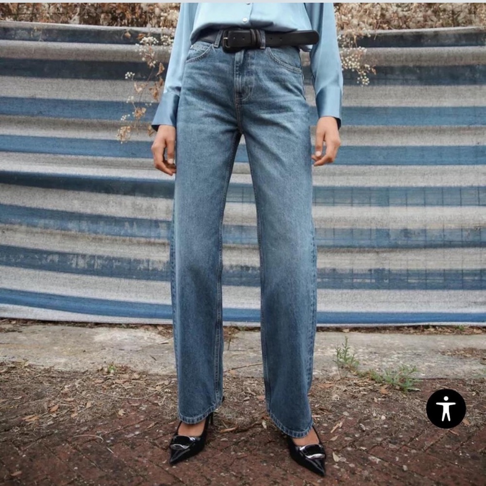 Blue high-waisted straight leg jeans with a relaxed fit